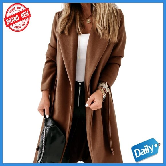Jackets & Blazers - Long Wool Pea Coat with Belt Lapel Collar Open Front Winter Jacket
